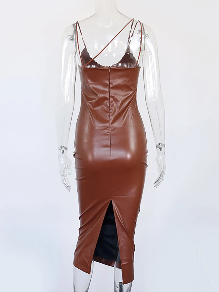 NewAsia Summer Brown Pu Leather Dress Women Sexy Spaghetti Straps V-Neck Backless Midi Bodyocn Party Club Long 2020 New | Женская одежда