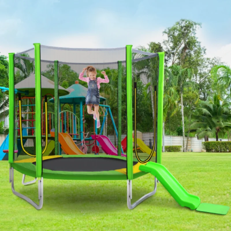 

7FT Green Children's Round Outdoor Recreational Trampoline Contains Secure Enclosure Netting and Slides and Is Easy To Assemble
