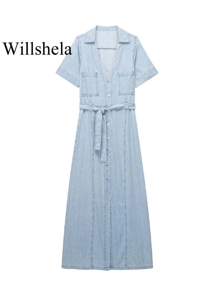 

Willshela Women Fashion With Blet Denim Blue Single Breasted Midi Dress Vintage Lapel Neck Short Sleeves Female Chic Dresses