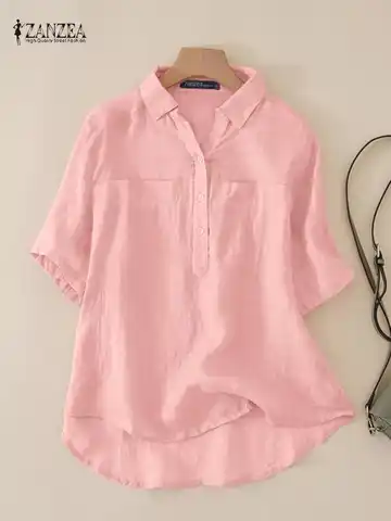 Women Cotton Blouse 2023 ZANZEA Summer Lapel Neck Short Sleeve Loose Shirt Fashion Female Blusas Chemise Casual Solid Tunic Tops