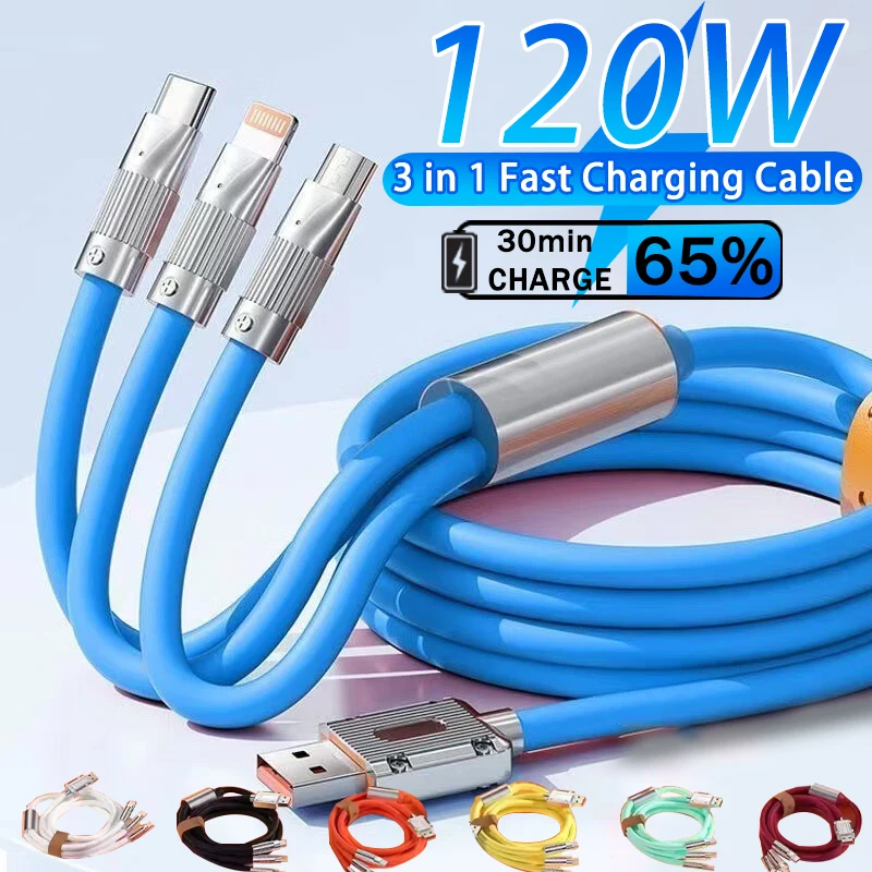 

120W 6A 3in1 Super Fast Charge USB C Lightning Cable For Apple iPhone 15 14 Pro Max Type C Charging Data Cable For Huawei Xiaomi