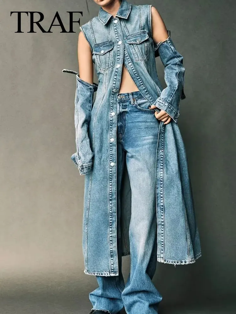 

TRAF Women Denim Long Dress Vintage Single Breasted Lapel Shirt Dresses 2023 Streetwear Female Sleeveless Denim Dress