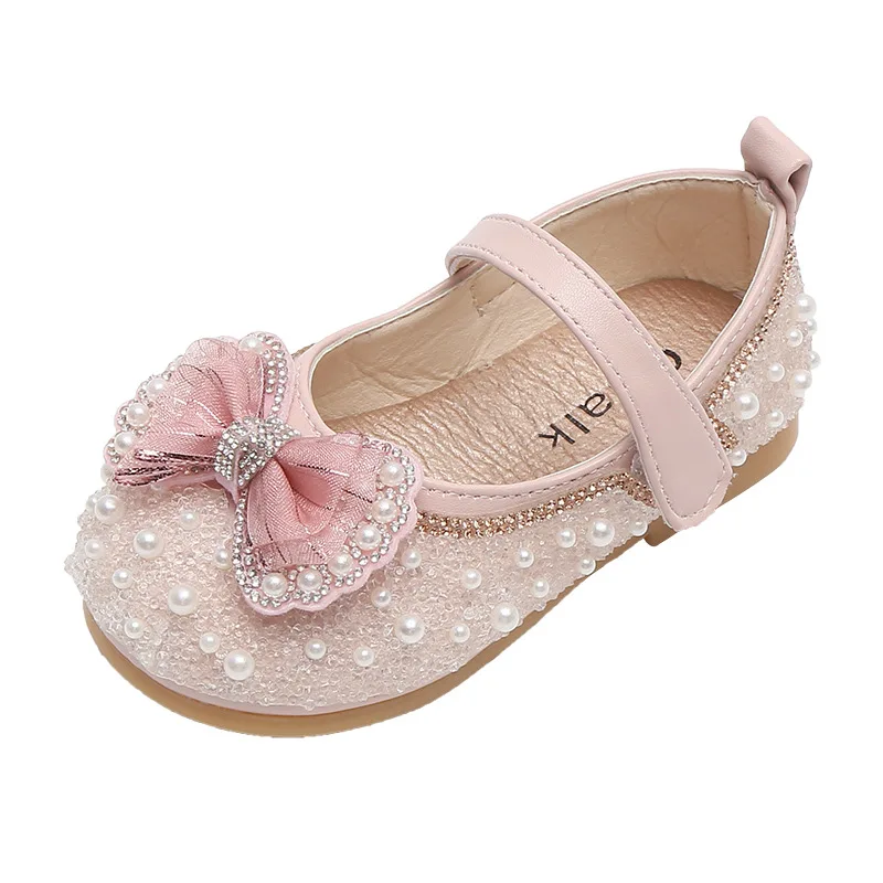 

CUZULLAA Kids Girls Elegant Butterfly-Knot Casual Shoes Spring Autumn Children Girls Pearl Hook & Loop Flat Shoes Size 21-34