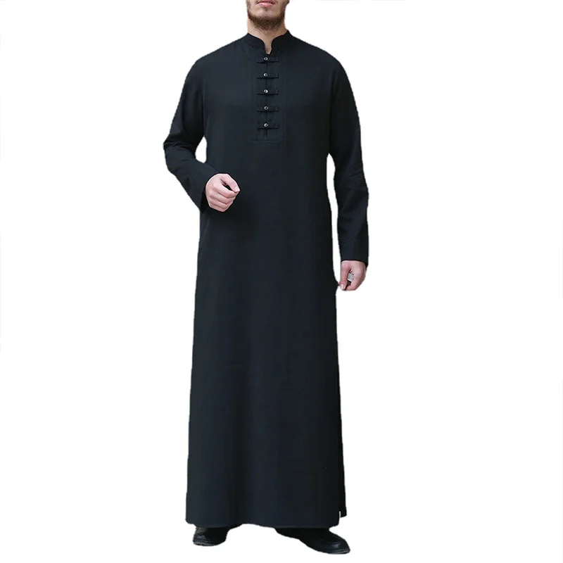 New Solid Color Middle East Ramadan Button Simple Men's Muslim Robe Arabic De Moda Musulmana Islamic Clothing