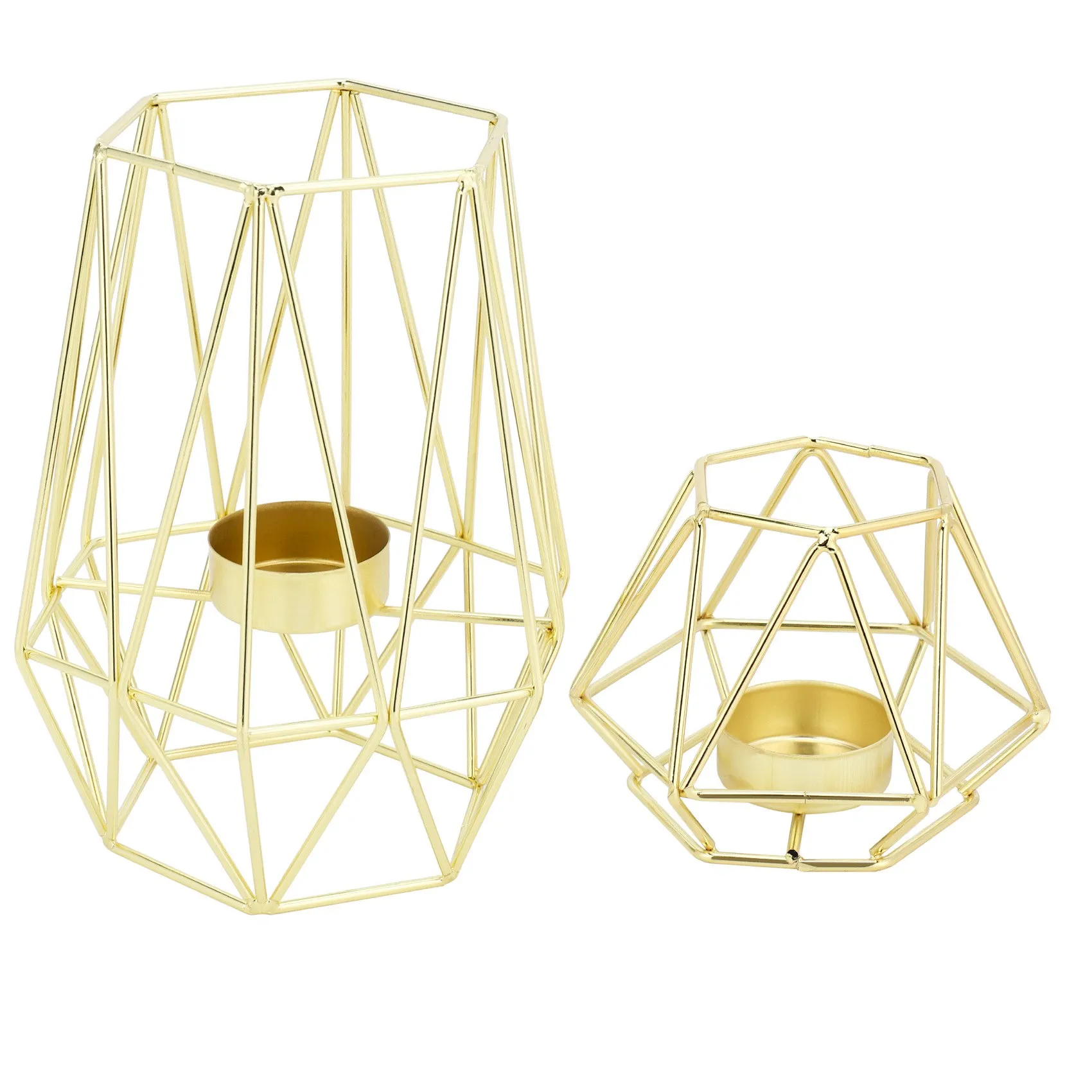 

Set of 2 Gold Geometric Metal Tealight Candle Holders for Living Room & Bathroom Decorations - Centerpieces for Wedding & Dining