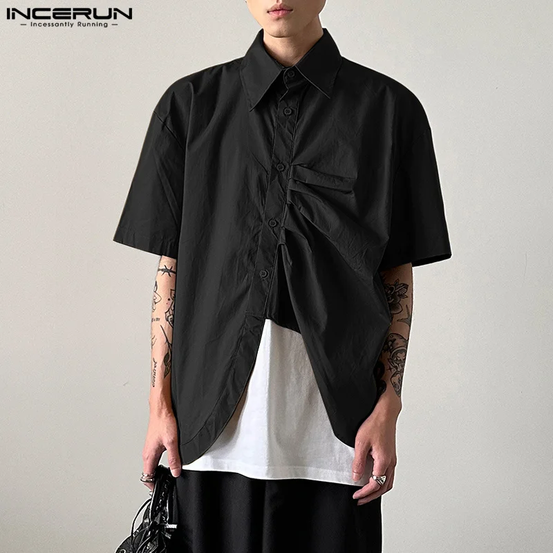 

INCERUN Men Shirt Solid Color Lapel Short Sleeve Button Pleated Streetwear 2023 Men Clothing Summer Casual Irregular Shirts