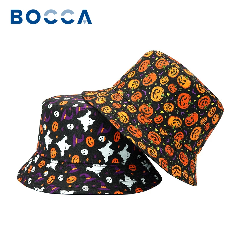 

Bocca Halloween Bucket Hat All Saints’Day Pumpkin Ghost Print Panama Fisherman Hats Unisex Cartoon Double Sides Sun Outdoor Cap