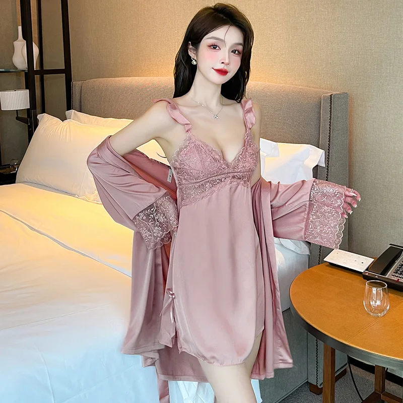 

Twinset Robe Set Sexy Lace Women Kimono Gown Sleepwear Nightgown Summer Silky Satin Bathrobe Nightwear Home Dress Loungewear