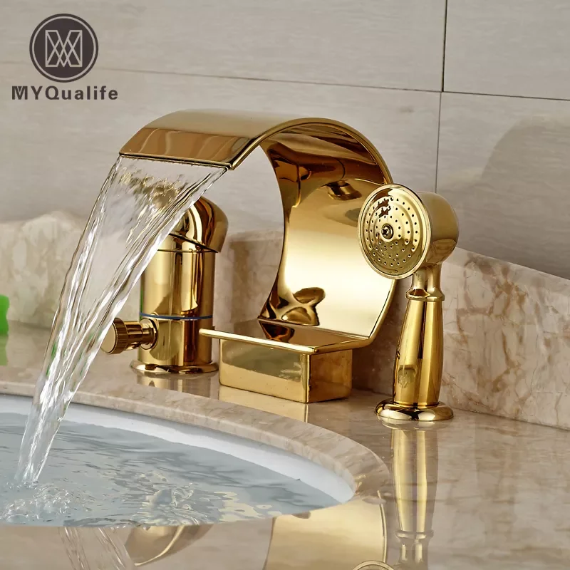

Luxury Golden Waterfall Bathtub Mixer Faucet Deck Mount Single Handle Tub Tap with Handheld Shower