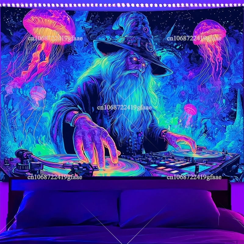 

Гобелен с изображением медузы, дискотеки, черного света, УФ-реактивная ведьма, диджей, флуоресцентный гобелен, светящийся в темноте неоновые гобелены, домашний декор, постер