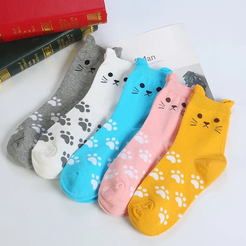 5 Pairs Hot Sales Fashion Casual Kawaii Cat Ear Footprint Tube Socks Women Harajuku Funny Cute Cartoon Girl Cotton Socks  - buy with discount