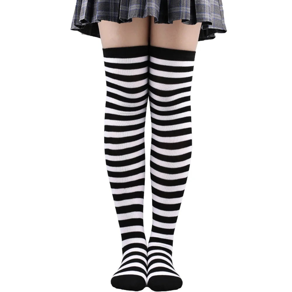 Women Thigh High Socks Striped Stockings Winter Warm Ladies Girls Black White Long Over Above Knee Sock Cosplay Christmas New In