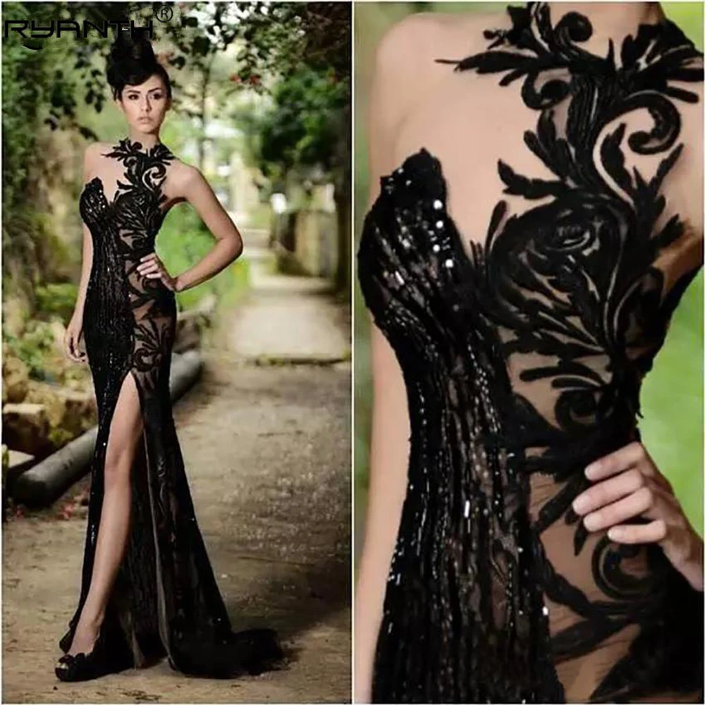 

Ryanth Vintage Lace Illusion Evening Dress Sexy Split Side Mermaid Sequins Sleeveless Vestidos De Gala Sweep Train Prom Dresses