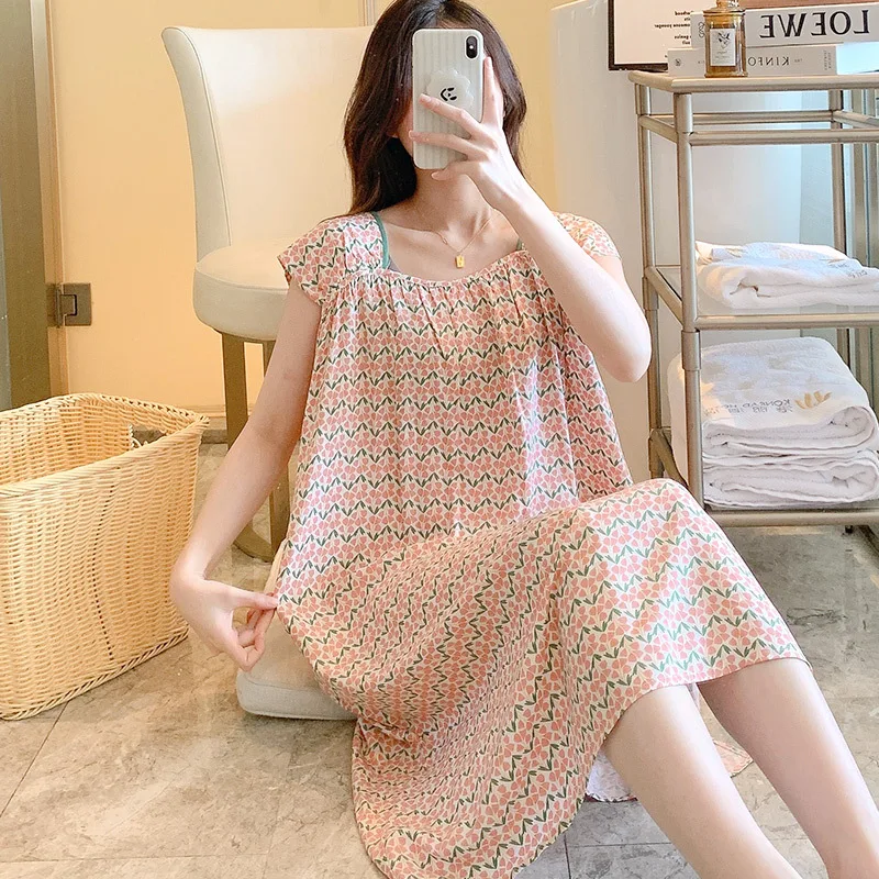 Thin Night Gowns For Womens Cotton Square Collar Summer Dresses 100% Viscose Length To The Shank Leisure Ventilation Robe