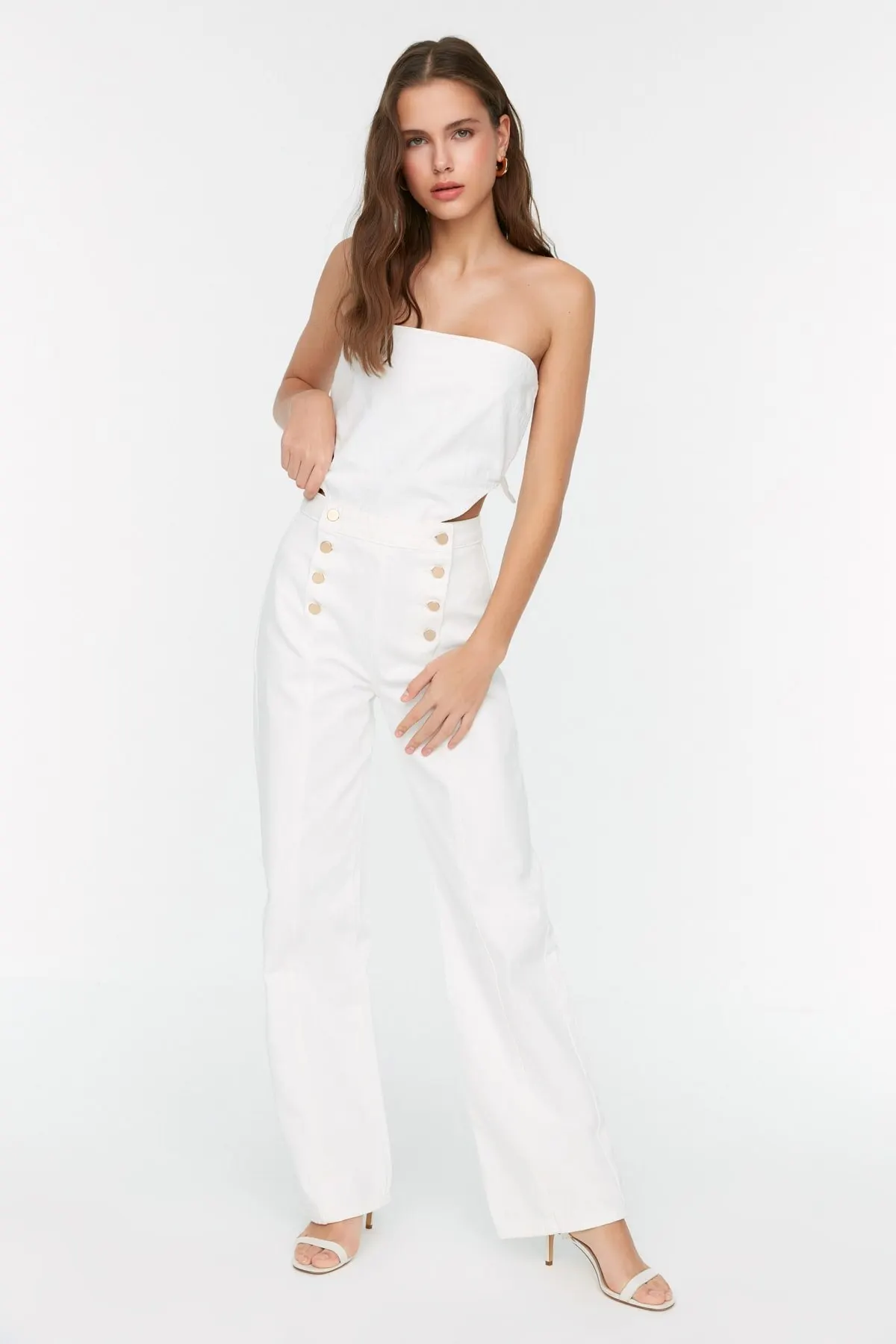 

Women's Jean White Button Detailed High Waist Wide Leg Straight Pant Jeans Buttons Zipper Ladies