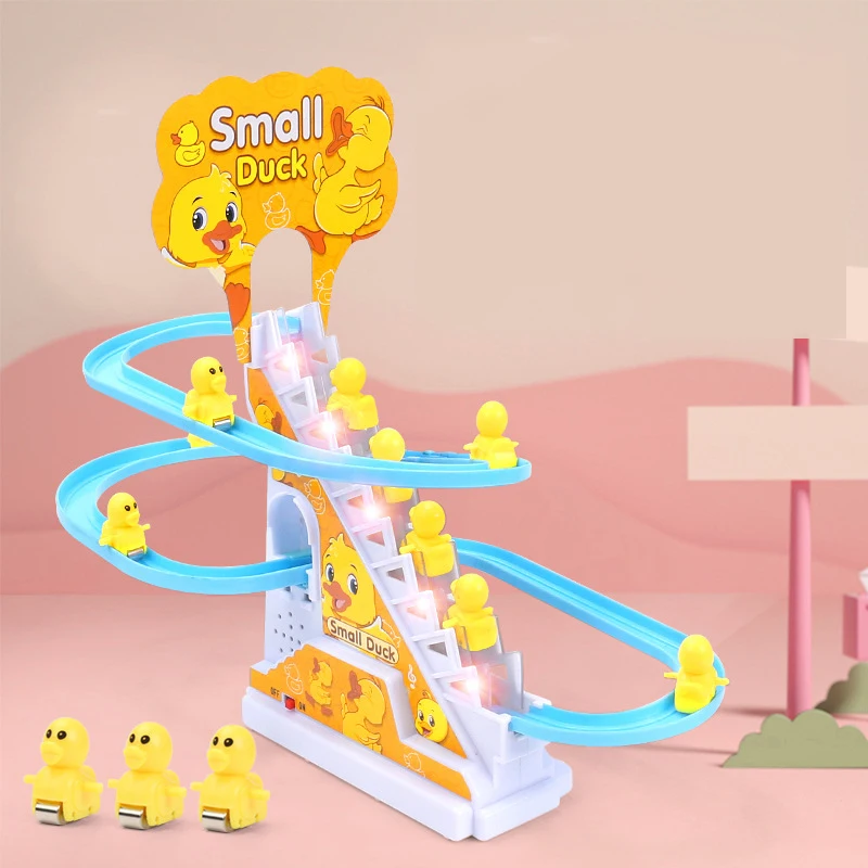 

DIY Rail Racing Track Electric Small Duck Climbing Stairs Toy Pig Action Figures Toys Music Roller Coaster Duck Toy For Kid Gift