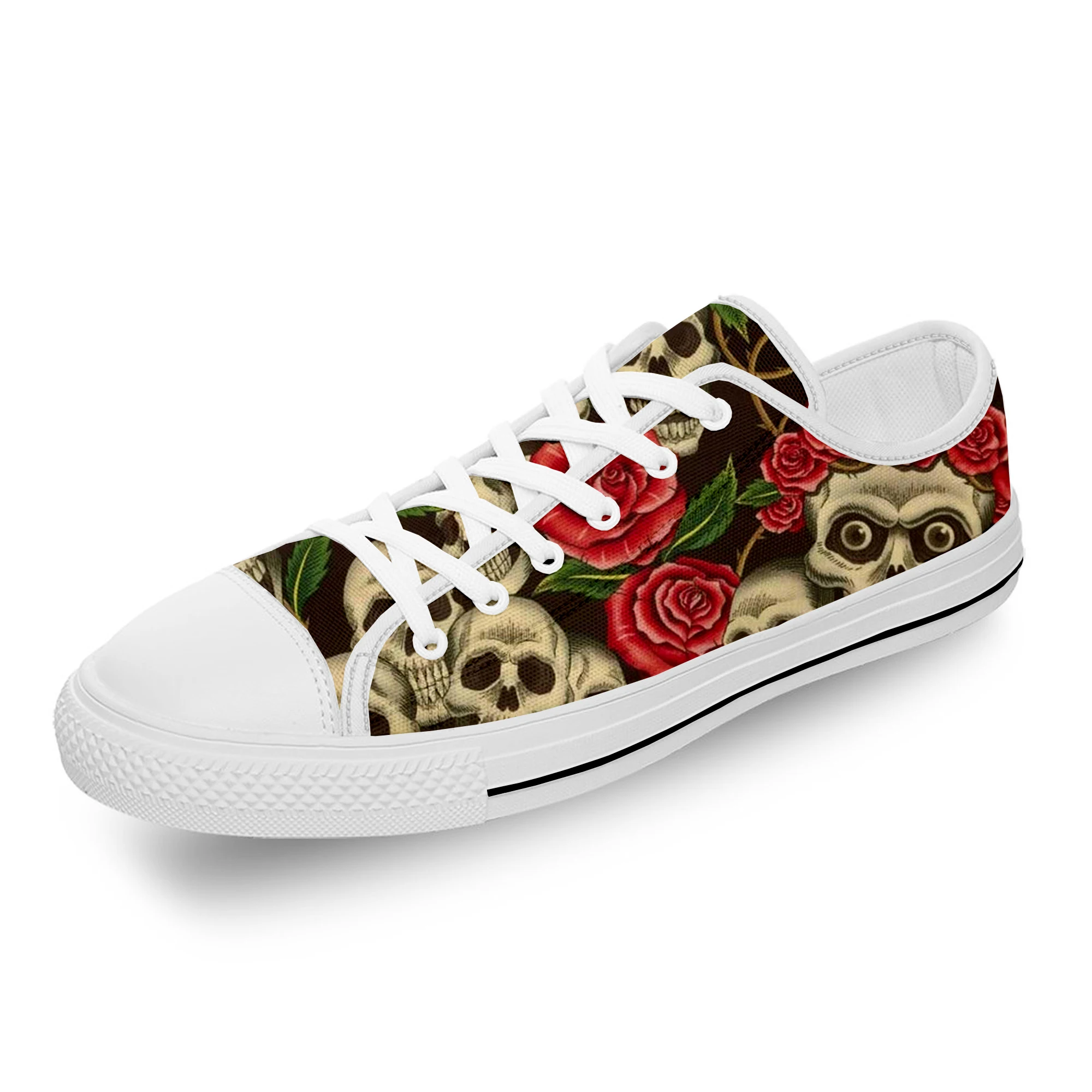 

Sugar Skull Rose Flower Hot Funny White Cloth Fashion 3D Print Low Top Canvas Shoes Men Women Lightweight Breathable Sneakers