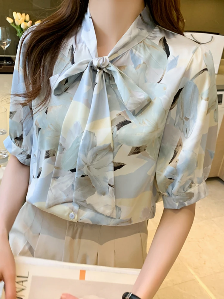

Блузка женская с коротким рукавом, шифоновая рубашка с бантом на воротнике и принтом, лето 2022