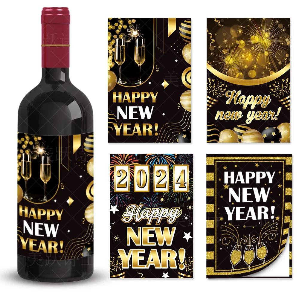 

8pcs New Year Black Gold Wine Bottle Sticker Red Wine Champagne Bottle Stickers Cheer 2024 Happy New Year's Day Party Decor 2024