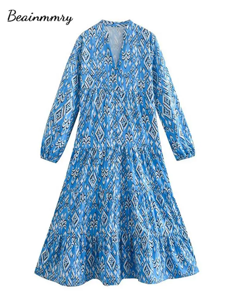 

Women Printed V-Neck Dress British Commute A-Line Breasted Long Sleeve Pleate Lady Dresses 2022 Autumn New Elegant Casual Outfit