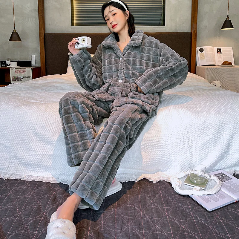 Women Thick Warm Grey Flannel Sleepwear Coral Fleece Pajama Set Pyjamas Long Sleeve And Trousers Homewear