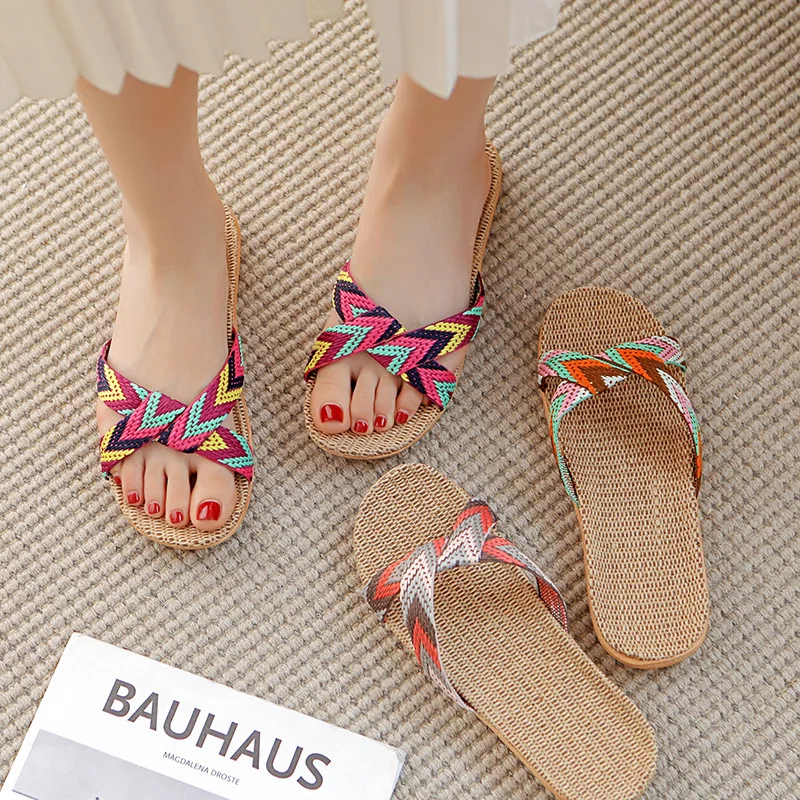 

Linen slippers women's summer home indoor home office floor non-slip bottom couple handmade sandals and slippers men