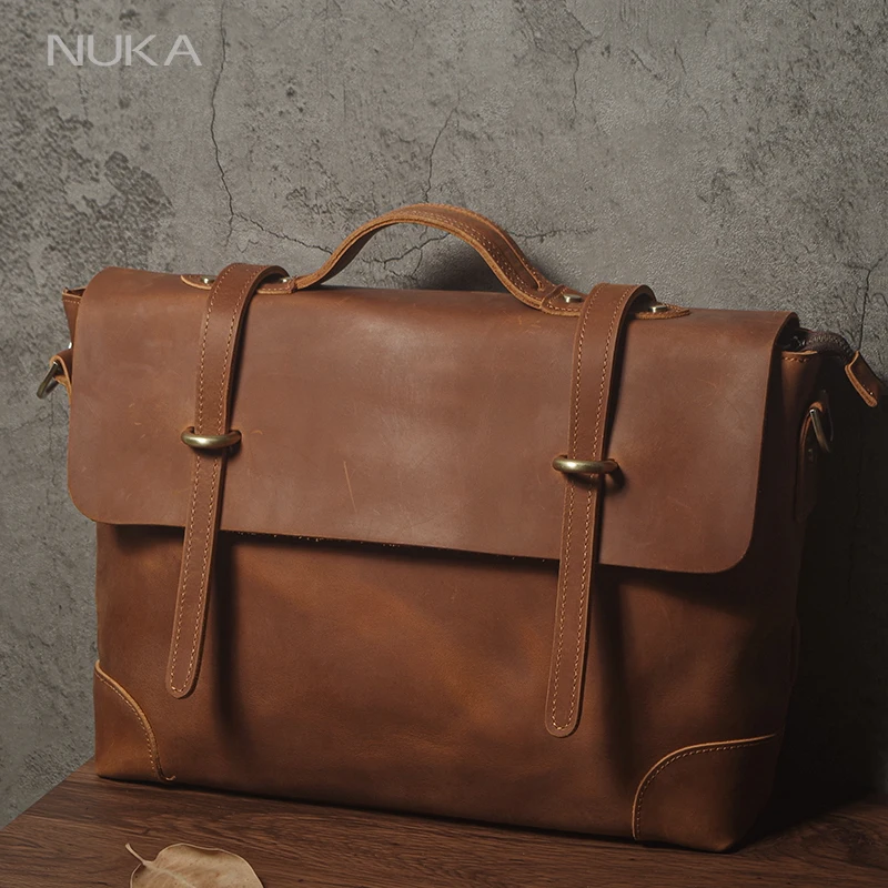 Фото NUKA Мужская кожаная сумка, винтажный деловой портфель Crazy Horse, сумка-мессенджер из воловьей кожи, роскошная сумка на плечо для ноутбука 15,6 дюймов №1