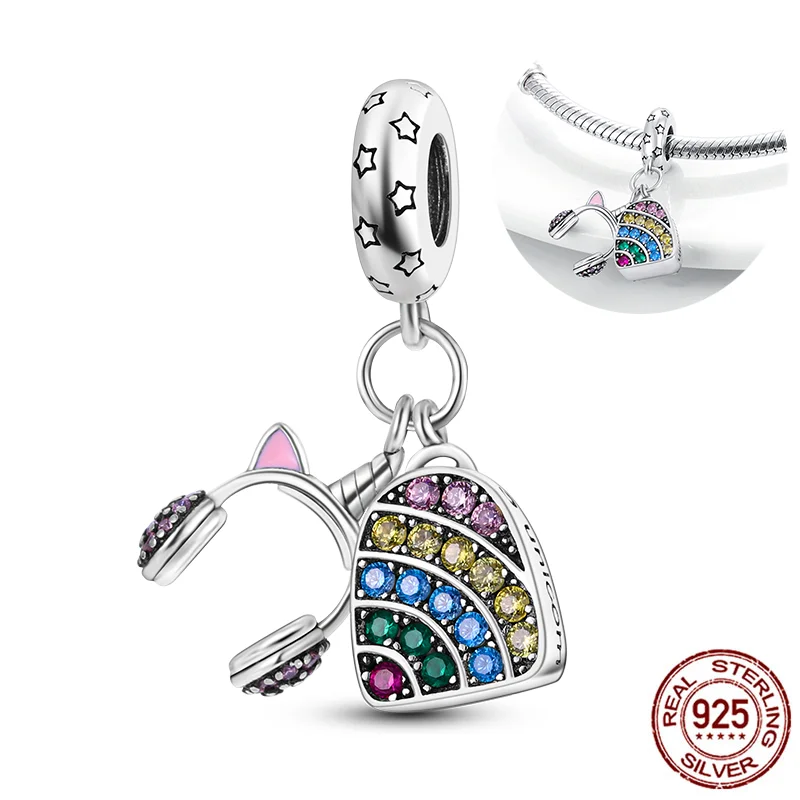 

Tony Meow 925 Sterling Silver Headphone Backpack Pendant Charm Beads Fit Original Pandora Bracelet Necklace for Women Child Gift
