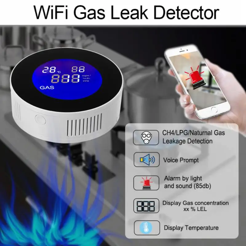 

Беспроводной смарт-детектор газа CORUI Tuya, Wi-Fi датчик утечки природного горючего газа, USB источник питания без разъема