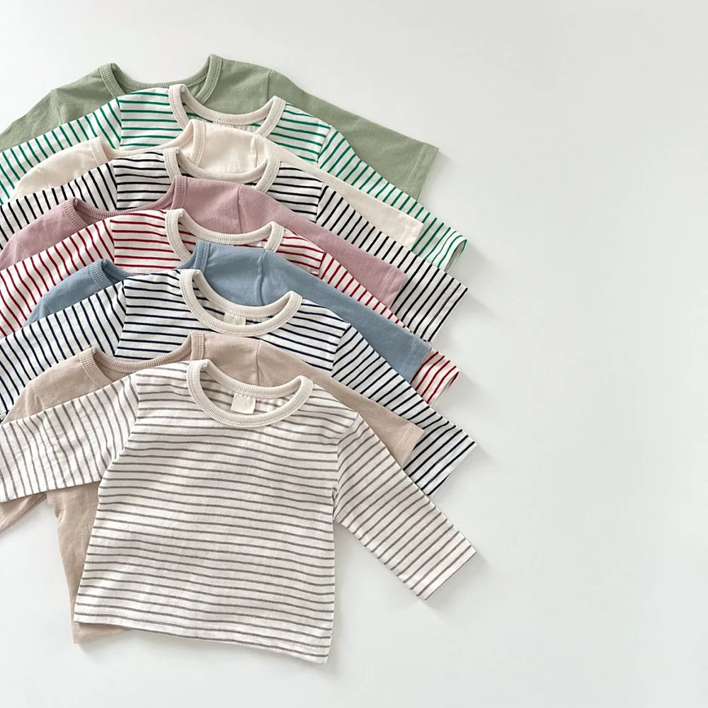 

New Spring Baby T-Shirts Infant Girls Striped Base T Shirt Boys Cotton Round Neck Tops
