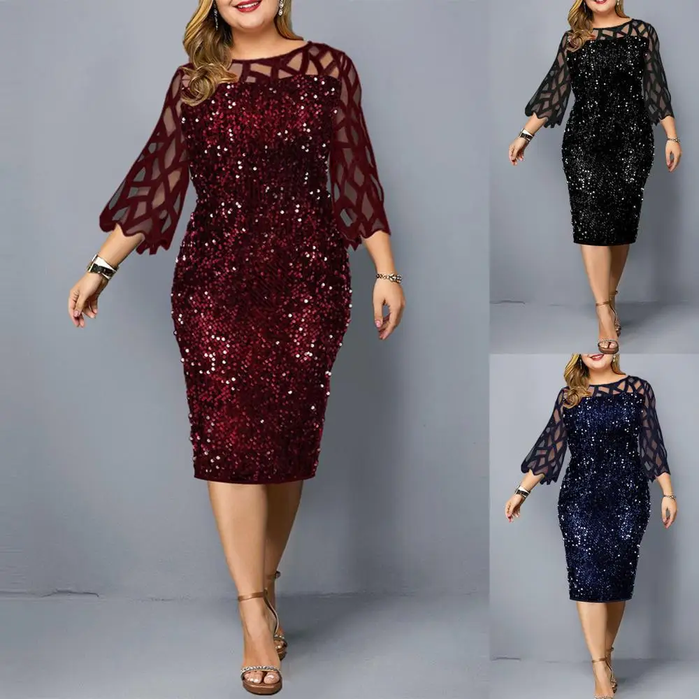 

Women O Neck 3/4 Sleeve Sheer Patchwork Shiny Sequins Bodycon Knee-length Dress