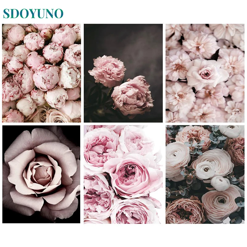 

SDOYUNO Wall Art Gift Flowers And Plants DIY Decorative Painting By Numbers Frame Canvas Gift Hand-Painted Mosaic Painting Pink