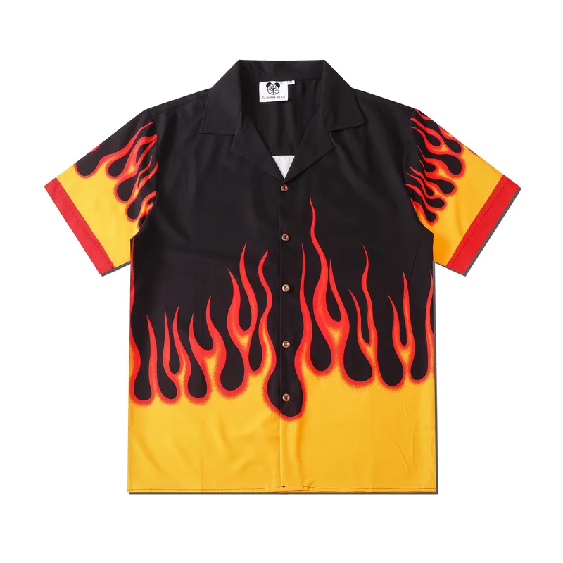 

2021 Fashion Vintage Flame Print Maglia Short Sleeve Shirts Summer New Casual Hawaiian Beach Viking Man Shirt Men's Clothing