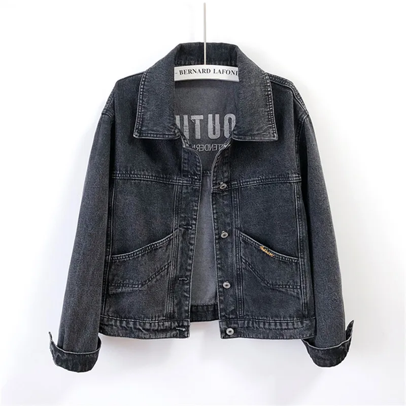 

Korean Letter Embroidery Denim Jacket Women Autumn Vintage Blue Black Loose Short Cowboy Outwear Big Pocket Jeans Jacket Female