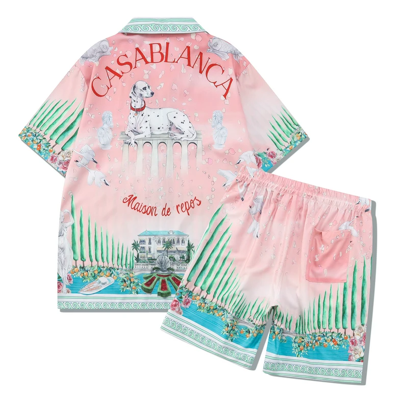 

2023 New Casablanca palace Garden Villa Men Women Short Set T Shrt Hawaii Beach Style Suit Hip Hop Shirt Shorts Couple Suit Casa