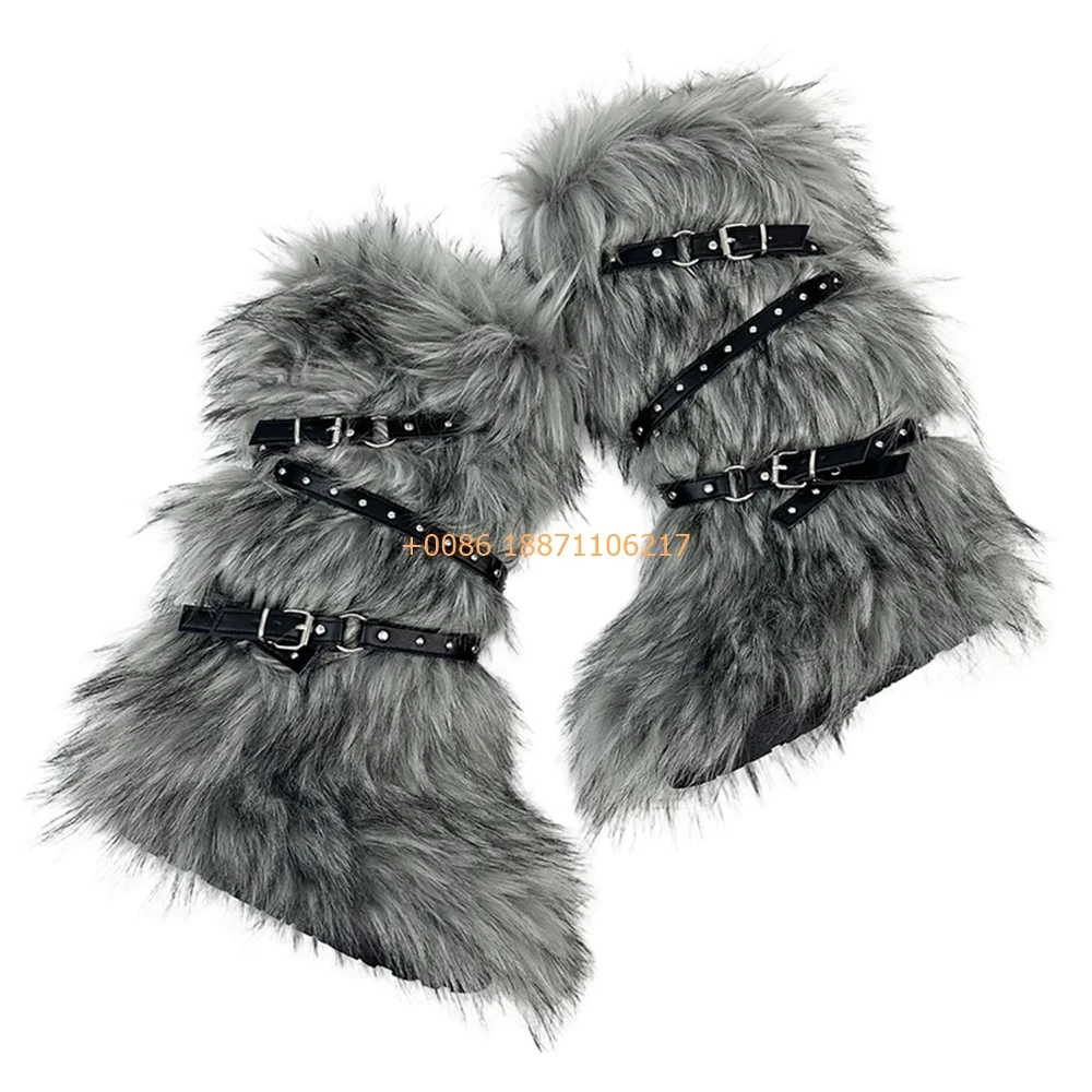 Осенне-зимние меховые ботинки с пряжкой на ремне новые модные женские толстой