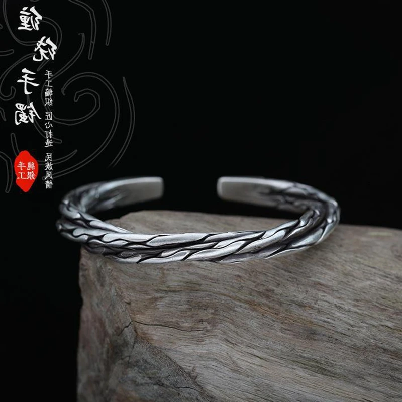 

Trend Retro New 925 Silver Original Fashion Domineering Opening Bracelet Men's Twisted Pattern Multi Layered Bangle Jewelry Gift