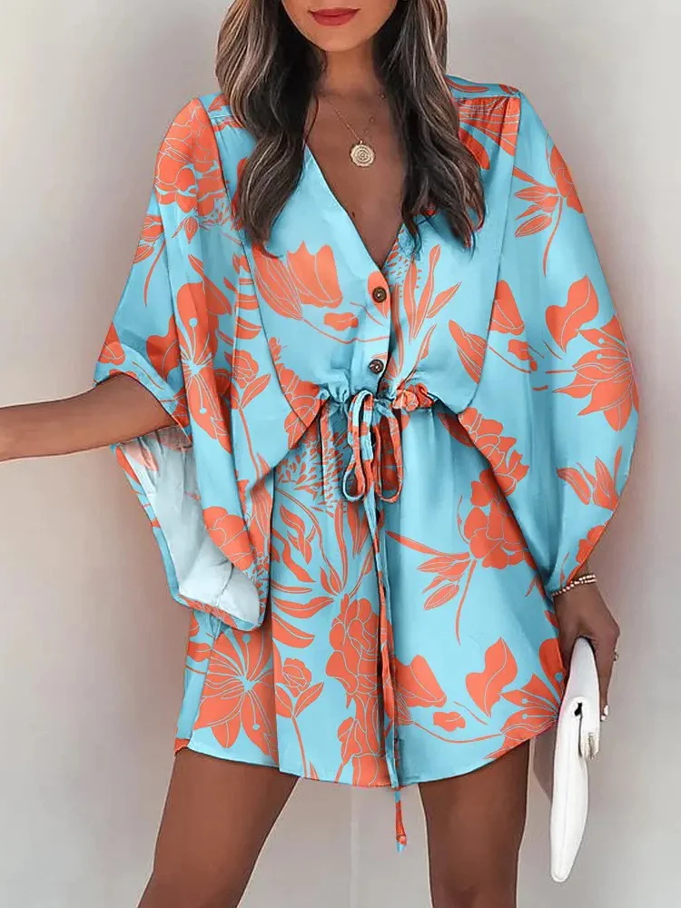 

Casual Boho Beach Vacation Mini Dress Women Summer Print Lace Up Button Batwing Sleeve Dresses For Women's Loose Female Robe