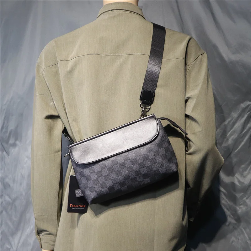 

trendy men's plaid shoulder bag casual PU flip small satchel horizontal zipper women's backpack