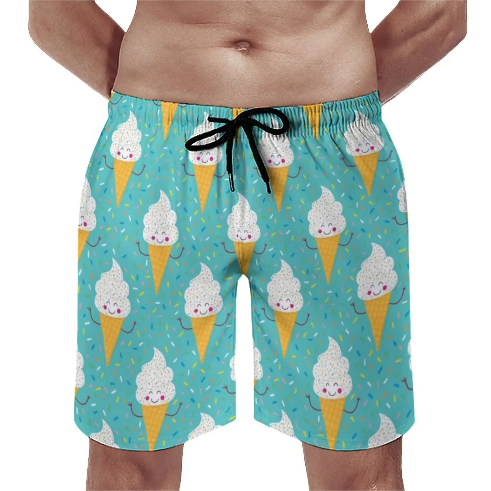 

Cute Ice Cream Party Board Shorts High Quality Fun Food Print Printing Beach Shorts Men Drawstring Comfortable Swim Trunks