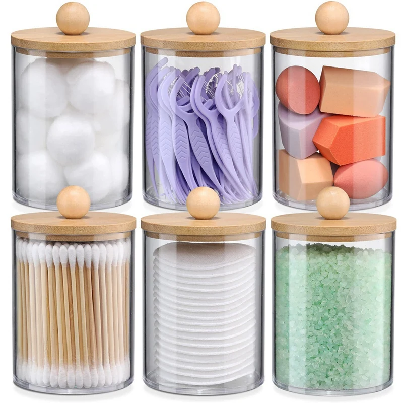 

6 Pack Holder Dispenser Set With Bamboo Lids Bathroom Canister Accessories Clear