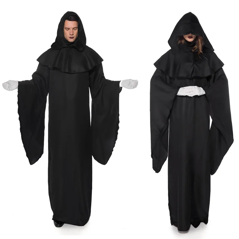 

Halloween Men Witch Costume Adult Long Black Hood Gothic Witch Cosplay Fancy Party Dress Outfit