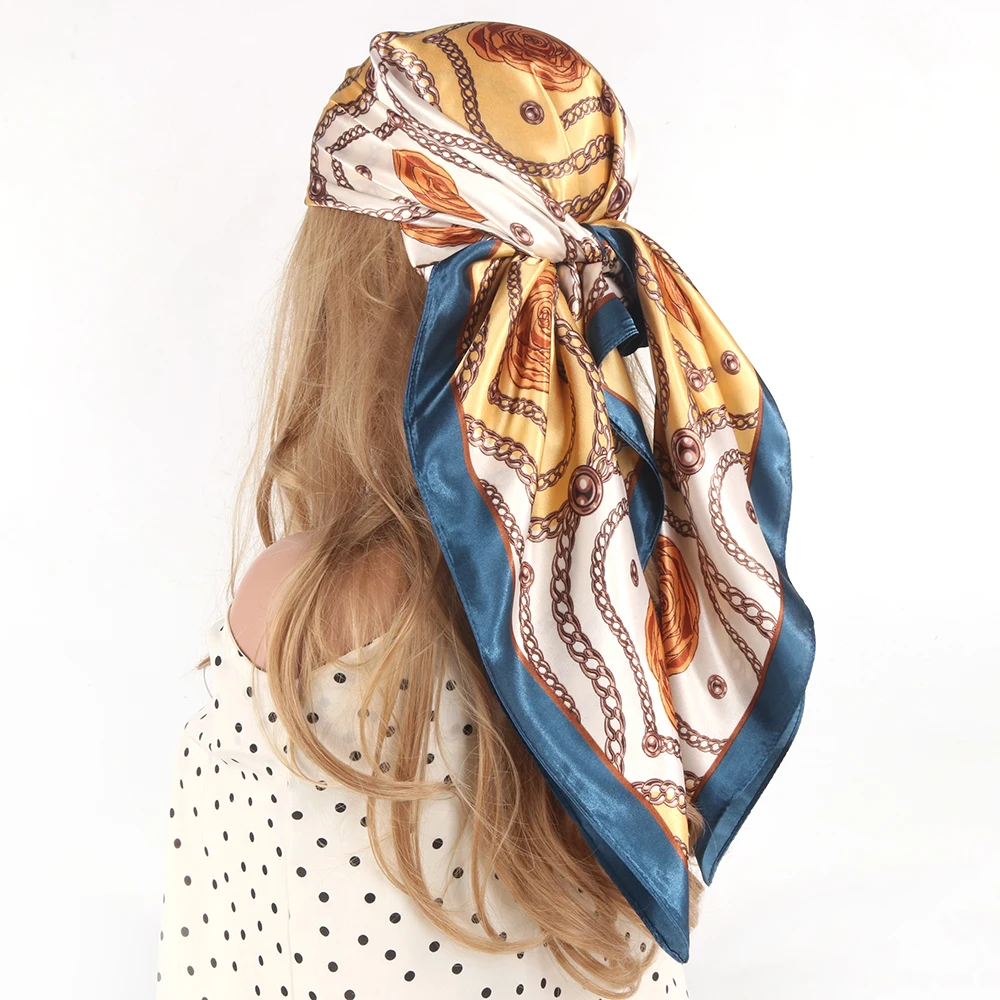 Шарф для волос 90*90 см женский платок с розой мягкий атласный квадратный шелковый