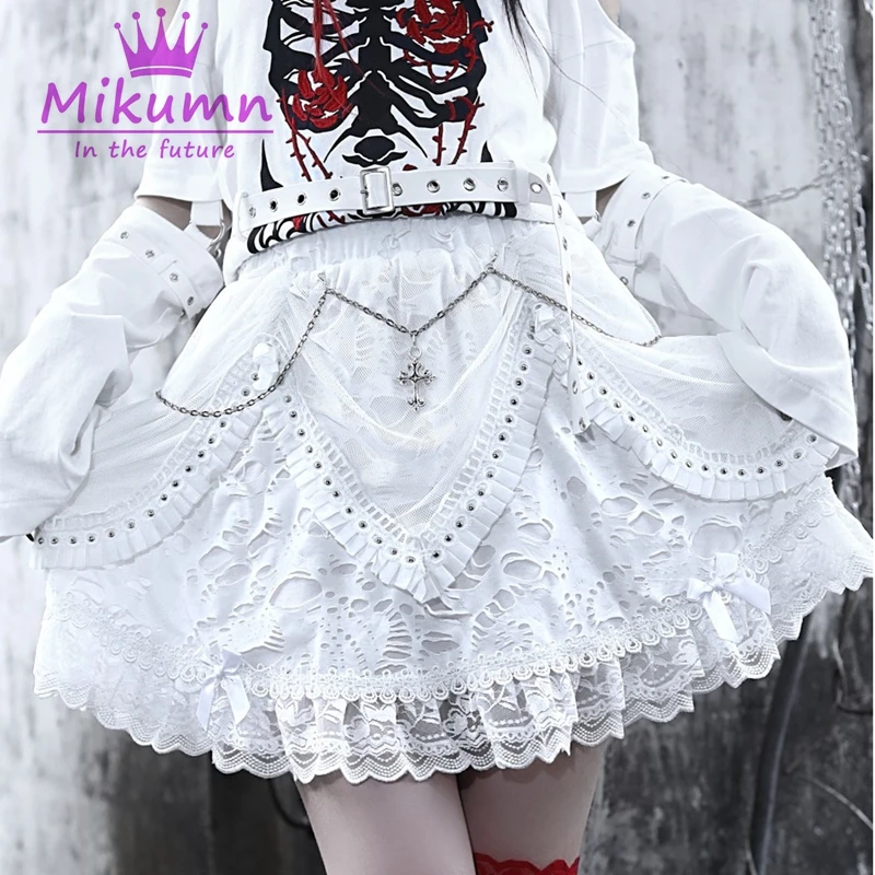 New Arrval Harajuku Punk Chain Cross White Skirt Gothic Lolita Elastic High Waist Lace Cake Mini Skirt Kawaii Women Skirts