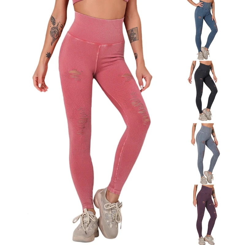 Womens High Waist Seamless Yoga Pants Vintage Washed Ripped Hole Leggings Tights 10CE