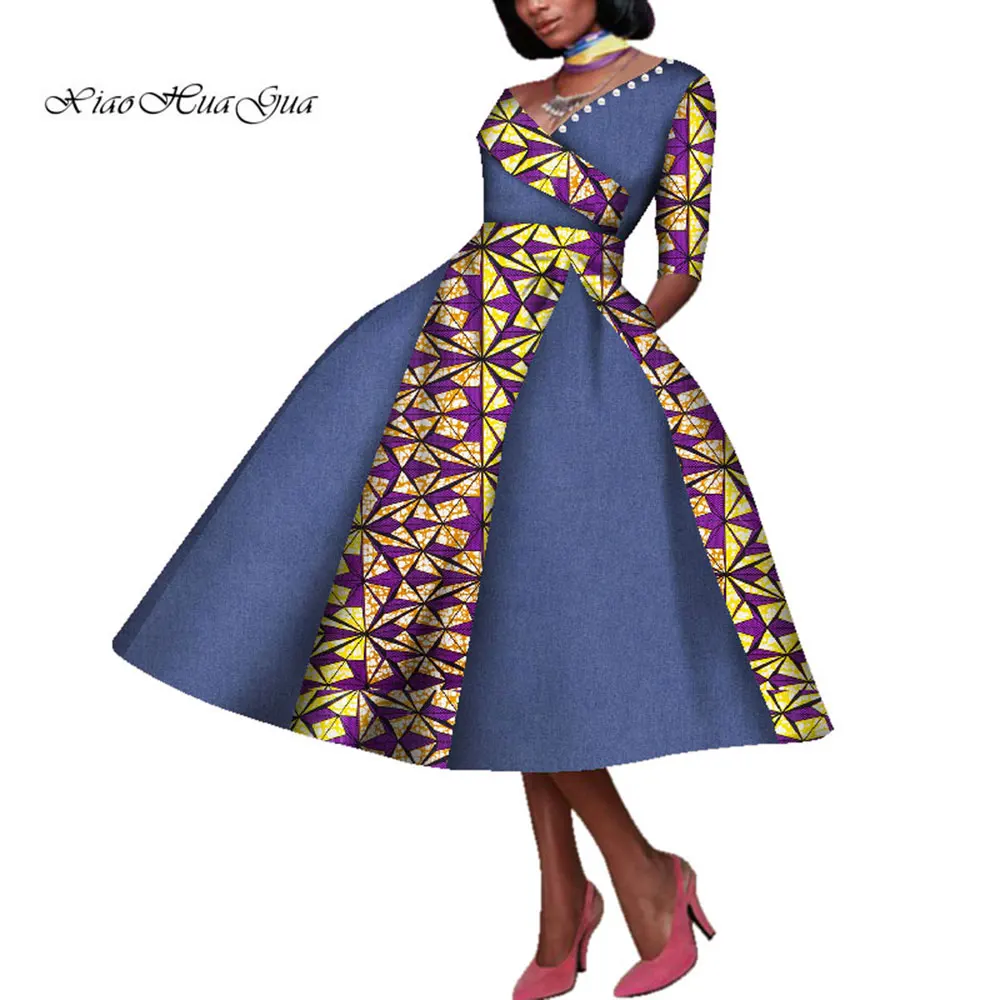 African Dresses for Women Half Sleeve Sexy V-neck Maxi Dress African Print Wax Dress Dashiki Women Clothing Plus Size WY4515