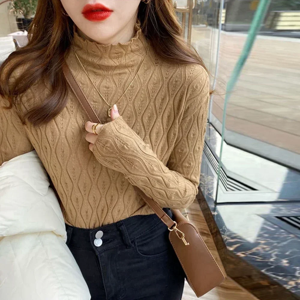 Рубашка с высоким воротником и длинными рукавами пуловер женский вязаный свитер