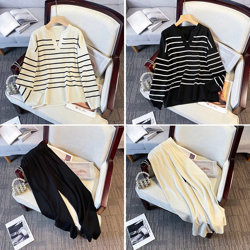 Костюм спортивный женский трикотажный с V-образным вырезом и прямыми брюками