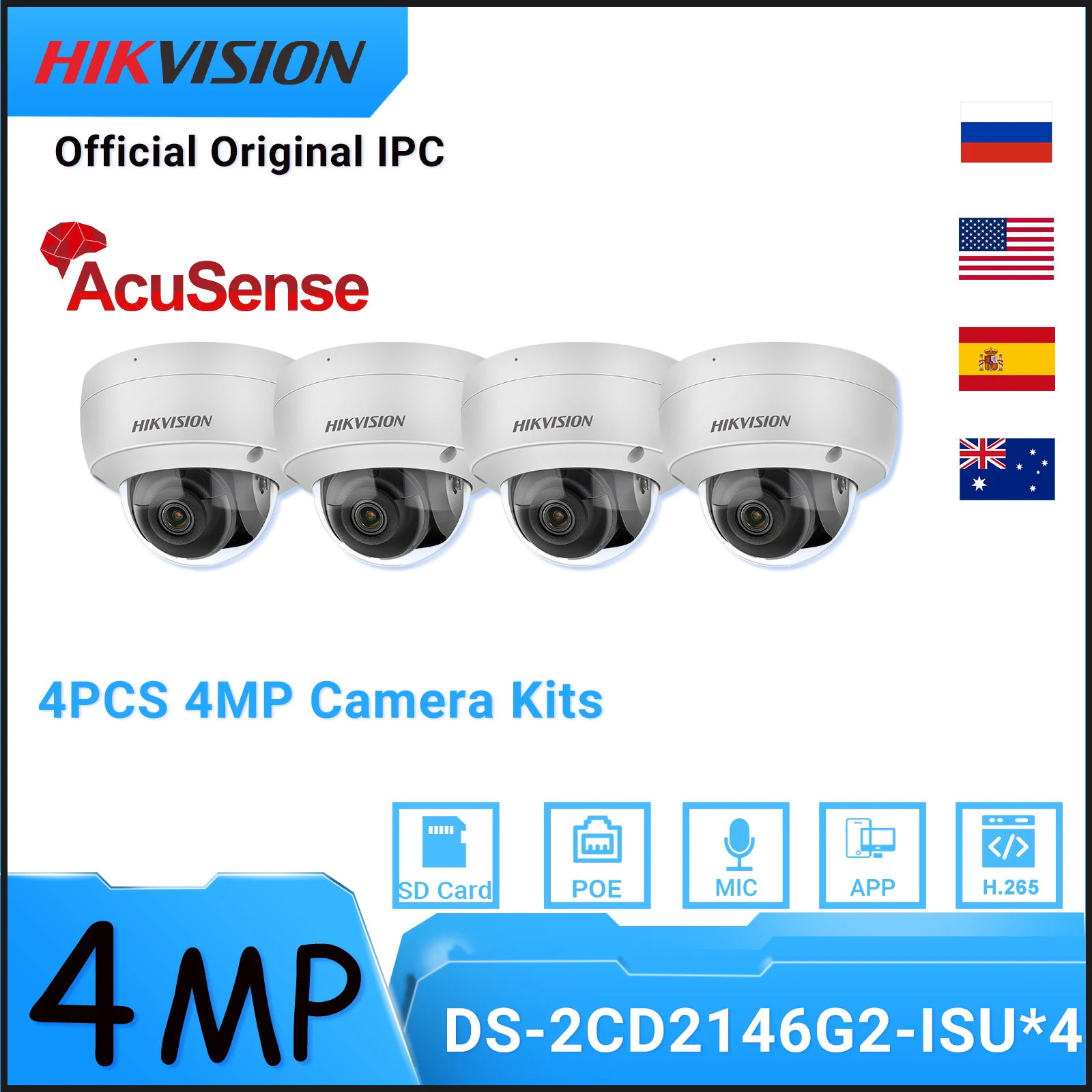 

Hikvision 4Pcs IP Camera DS-2CD2146G2-ISU 4MP Dome Home Camera CCTV IPC POE SD Card MIC 2K H.265+ Alarm Face Detect AcuSense