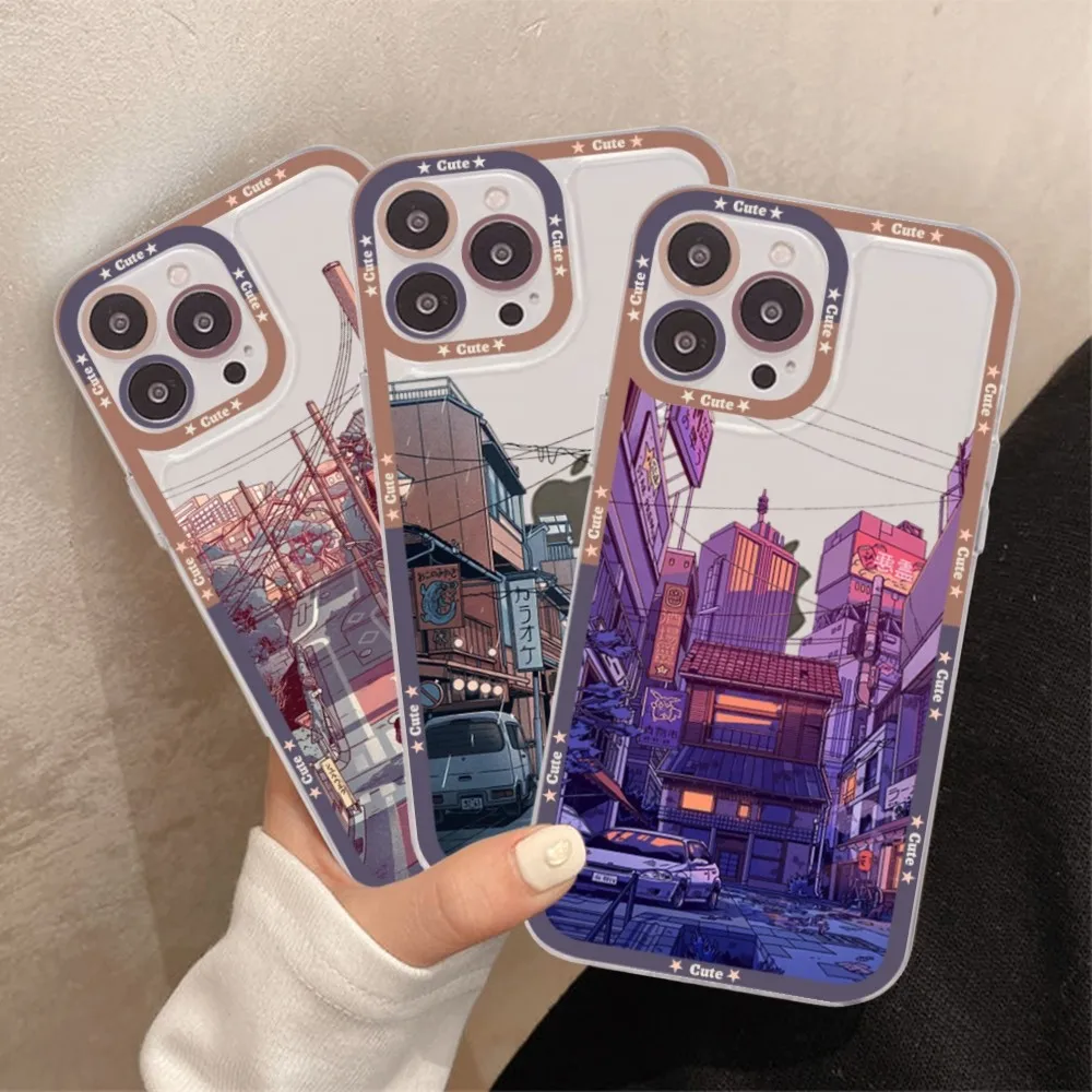 

Anime Hand Painted Scenery Phone Case For iPhone 15 14 13 12 11 Pro Max XS X XR Mini Protective Cover